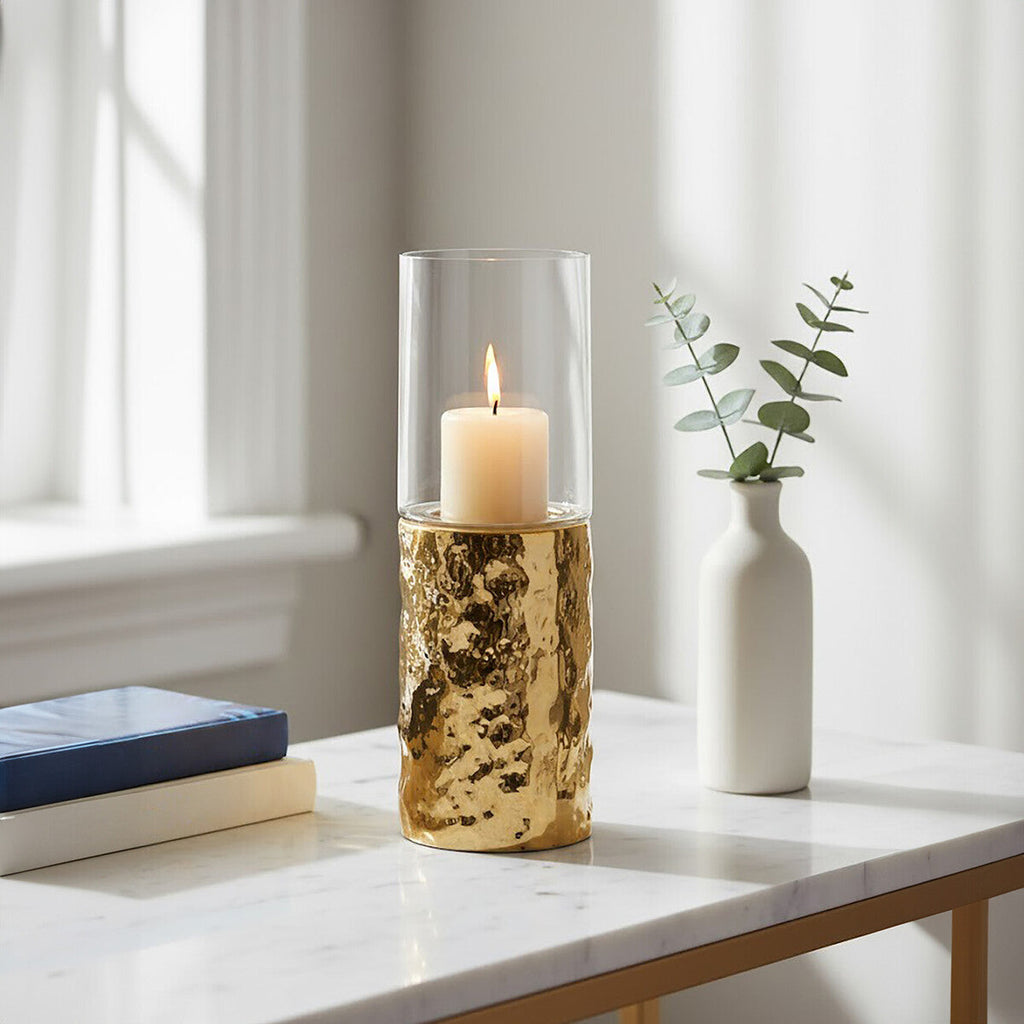 Orsina Martele Gold Pillar Candle Holder – Textured Metal and Glass