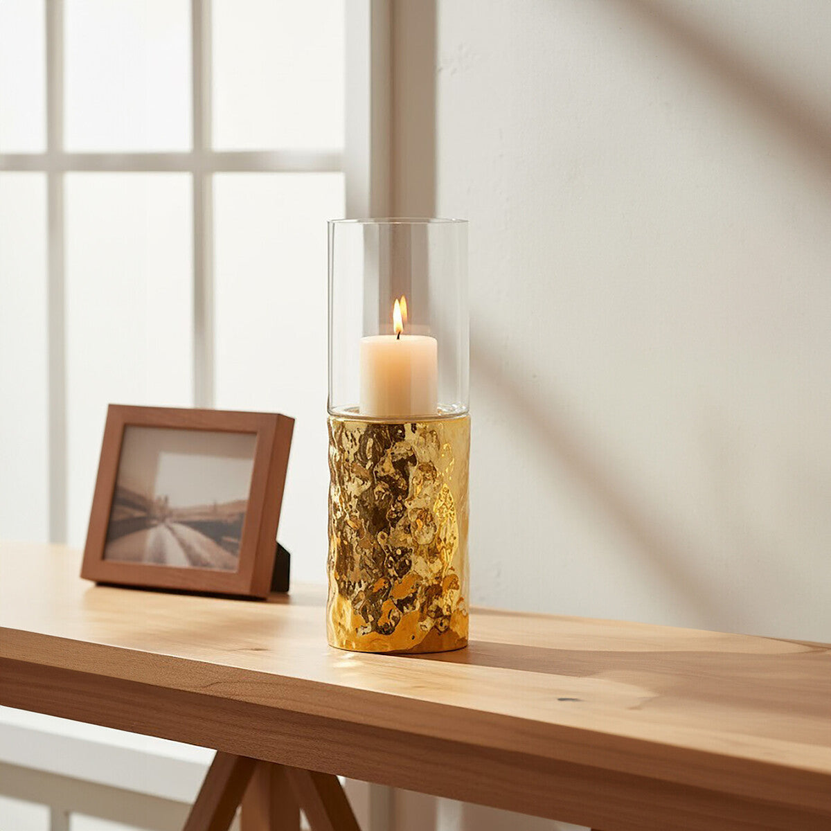 Orsina Martele Gold Pillar Candle Holder – Textured Metal and Glass