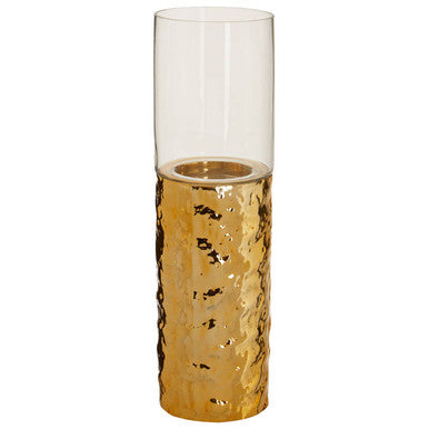 Orsina Martele Medium Pillar Gold Candle Holder | Hammered Metal & Glass