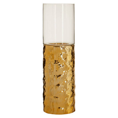 Orsina Martele Medium Pillar Gold Candle Holder | Hammered Metal & Glass