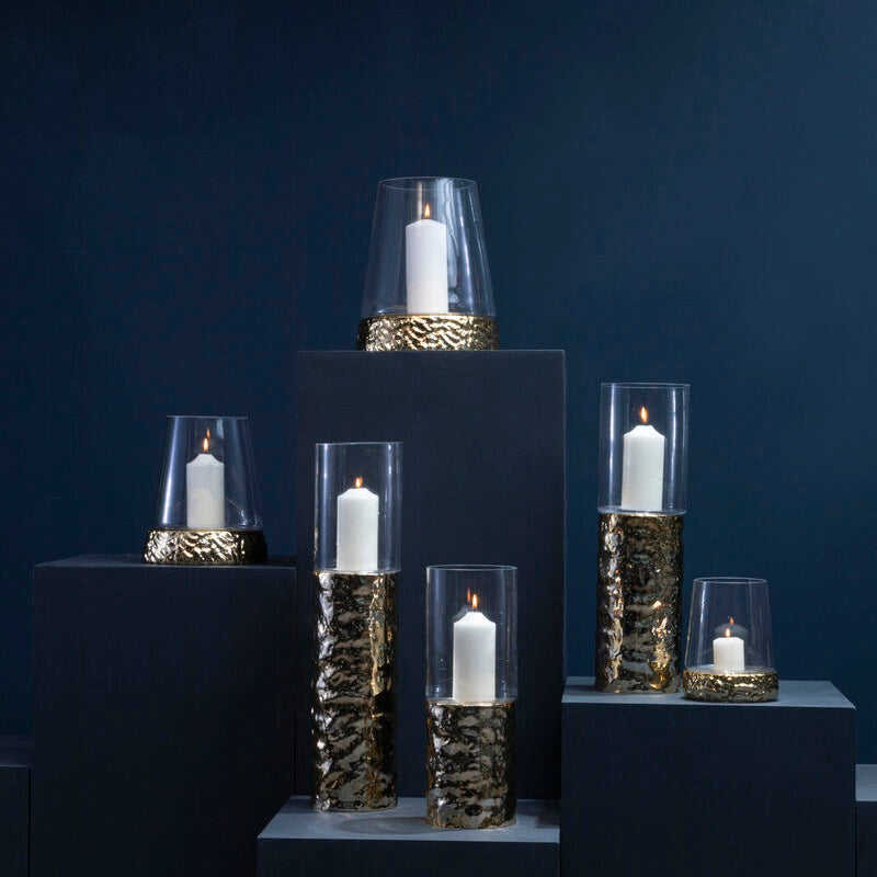 Orsina Martele Medium Pillar Gold Candle Holder | Hammered Metal & Glass