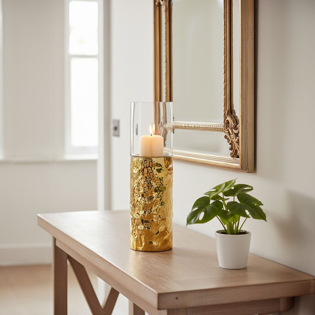 Orsina Martele Medium Pillar Gold Candle Holder | Hammered Metal & Glass