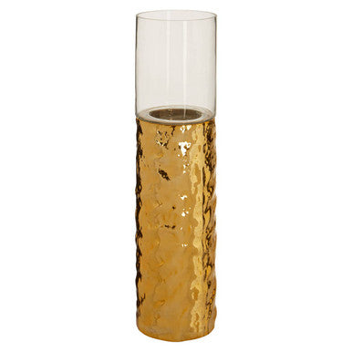 Orsina Large Gold Pillar Candle Holder – Hammered Metal and Glass