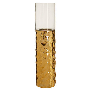 Orsina Large Gold Pillar Candle Holder – Hammered Metal and Glass