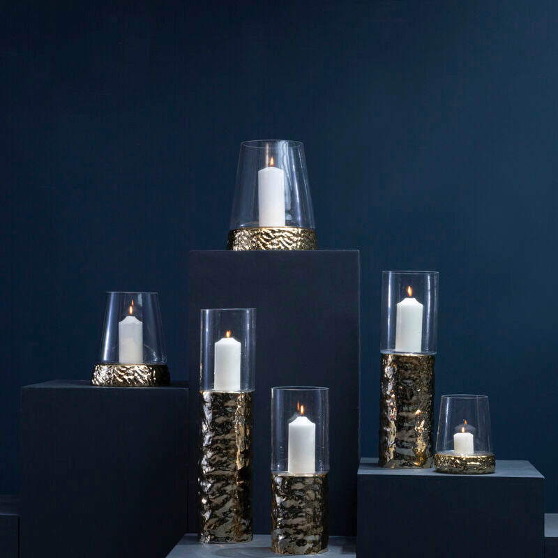 Orsina Large Gold Pillar Candle Holder – Hammered Metal and Glass