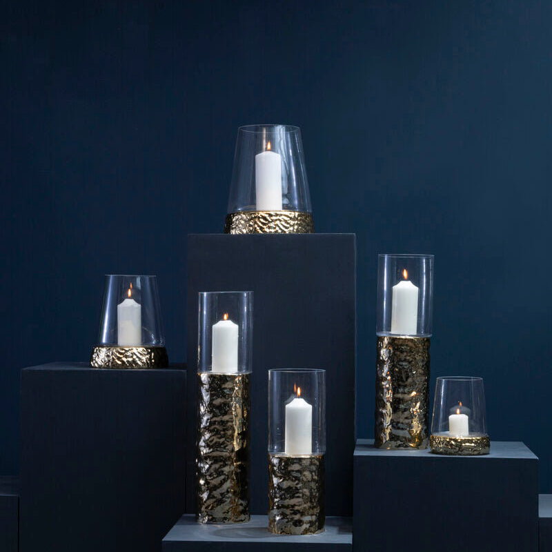 Orsina Martele Gold Pillar Candle Holder – Textured Metal and Glass