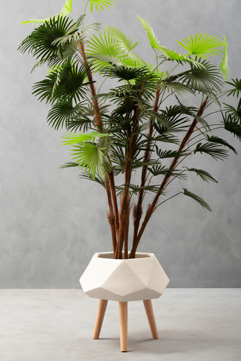 Orsina Darnell White Geometric Planter with Beechwood Legs – 12"
