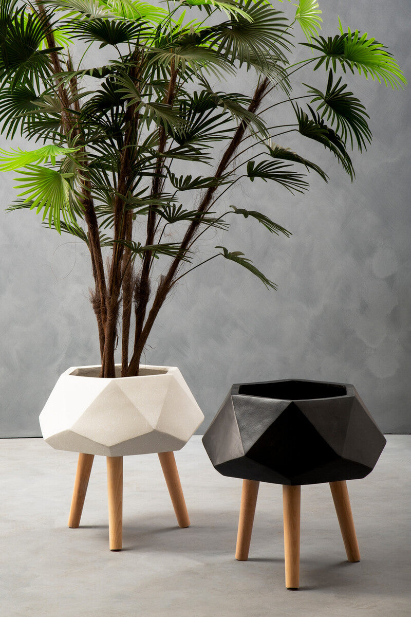 Orsina Darnell White Geometric Planter with Beechwood Legs – 12"