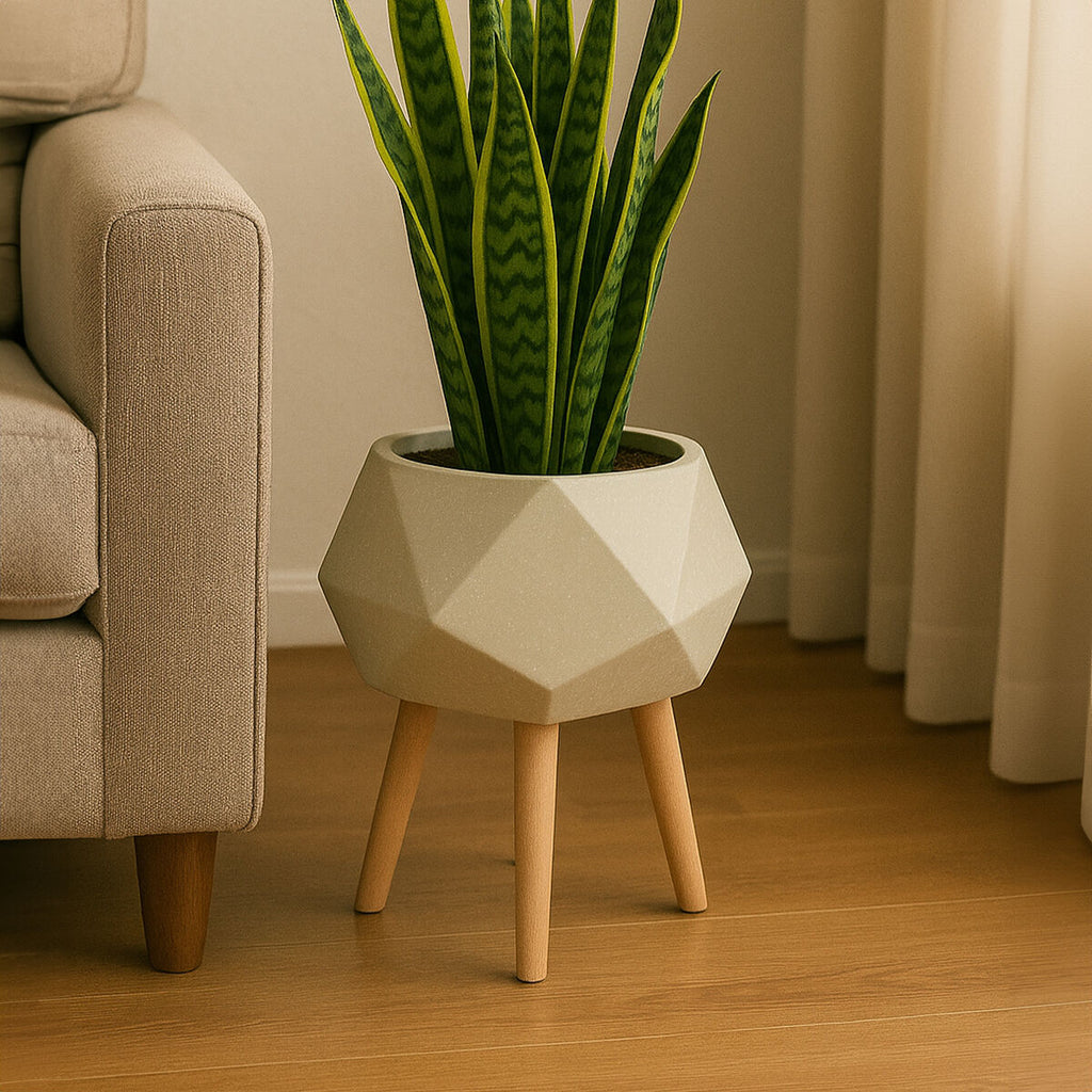 Orsina Darnell White Geometric Planter with Beechwood Legs – 12"