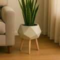 Orsina Darnell White Geometric Planter with Beechwood Legs – 12"