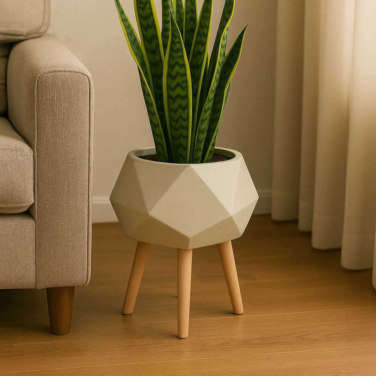 Orsina Darnell White Geometric Planter with Beechwood Legs – 12"