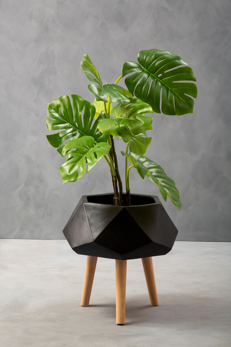 Orsina Darnell Small Black Geometric Planter with Beechwood Legs