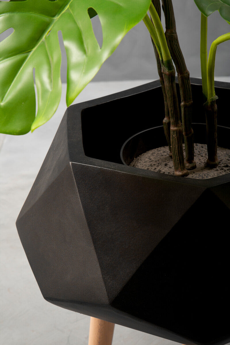 Orsina Darnell Small Black Geometric Planter with Beechwood Legs