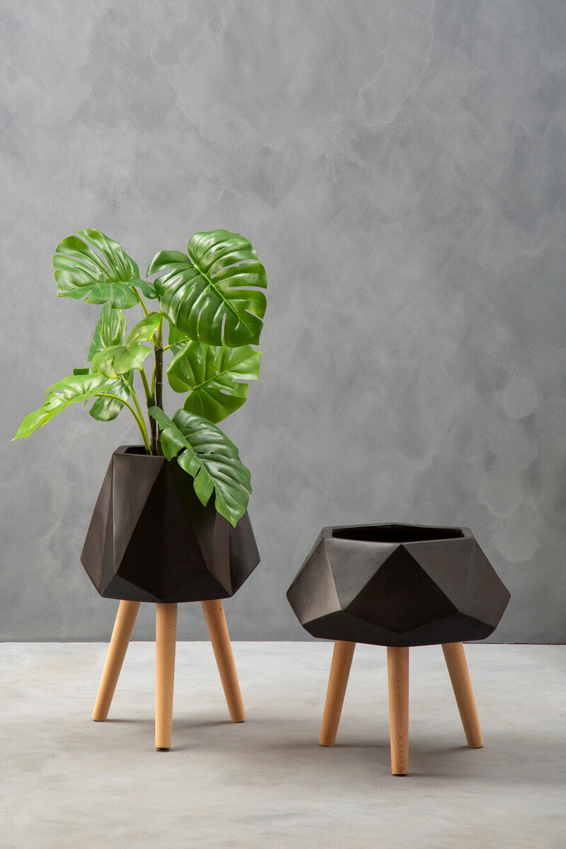 Orsina Darnell Small Black Geometric Planter with Beechwood Legs