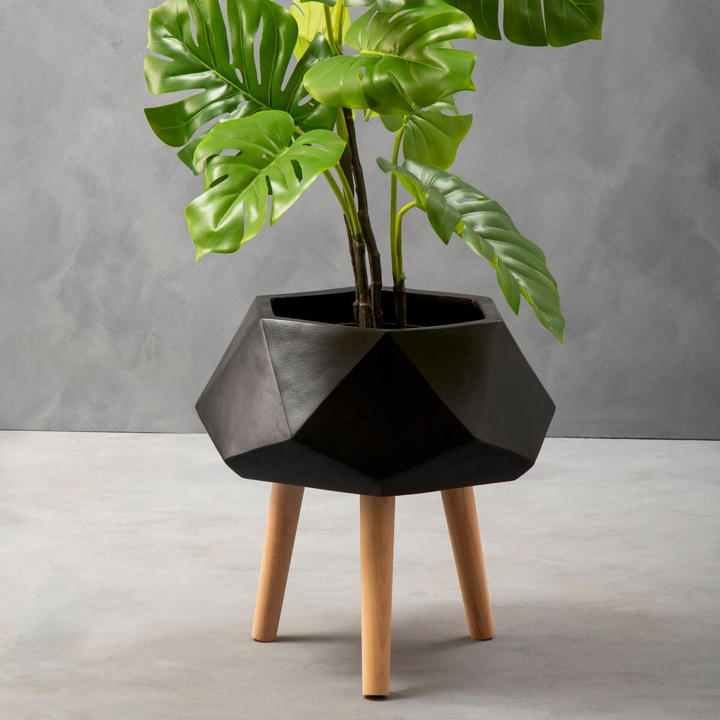 Orsina Darnell Small Black Geometric Planter with Beechwood Legs