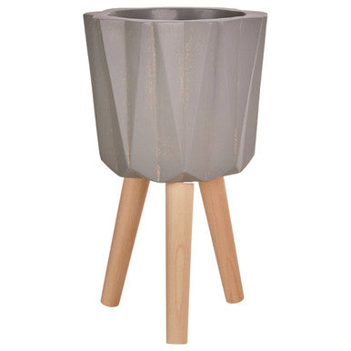 Orsina Darnell Small Grey Faceted Planter with Beechwood Tripod Stand