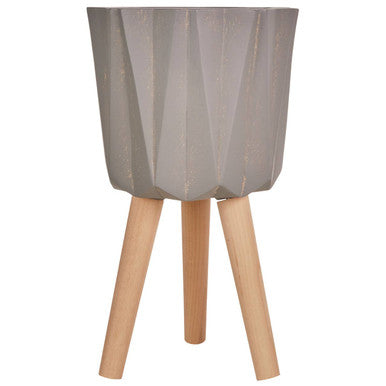 Orsina Darnell Small Grey Faceted Planter with Beechwood Tripod Stand