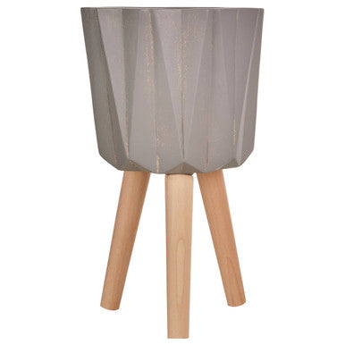 Orsina Darnell Small Grey Faceted Planter with Beechwood Tripod Stand