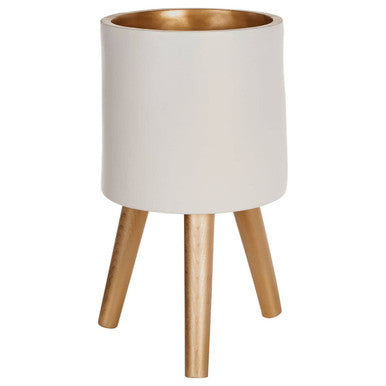 Orsina Darnell Small White Planter – Modern Ceramic Pot with Wood Legs