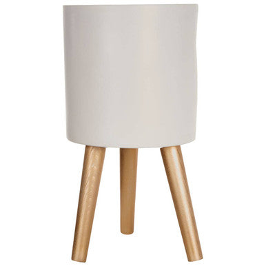 Orsina Darnell Small White Planter – Modern Ceramic Pot with Wood Legs
