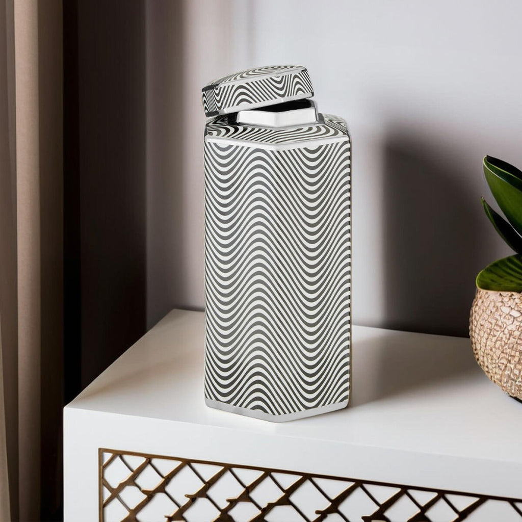 Orsina Celeste Large Ceramic Jar – Black and White Hexagonal Porcelain