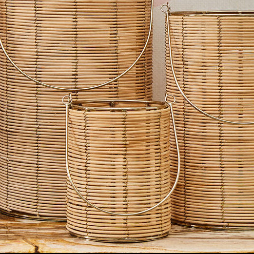 Orsina Malacca Small Hurricane Candle Holder | Gold Woven Lantern