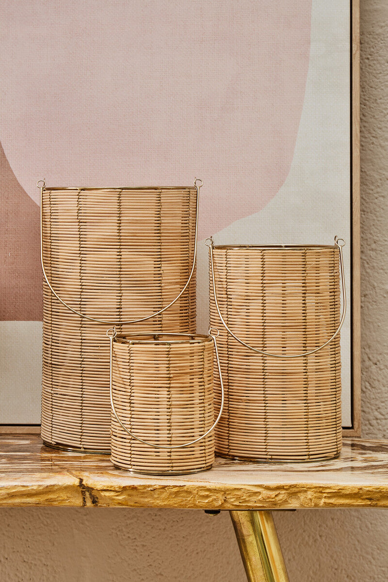 Orsina Malacca Small Hurricane Candle Holder | Gold Woven Lantern