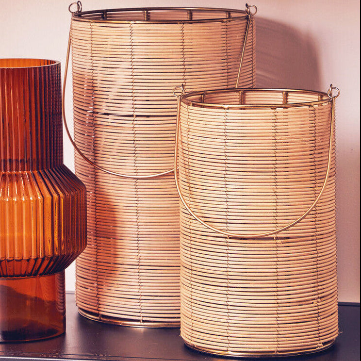 Orsina Malacca Medium Hurricane Candle Holder – Rattan and Gold