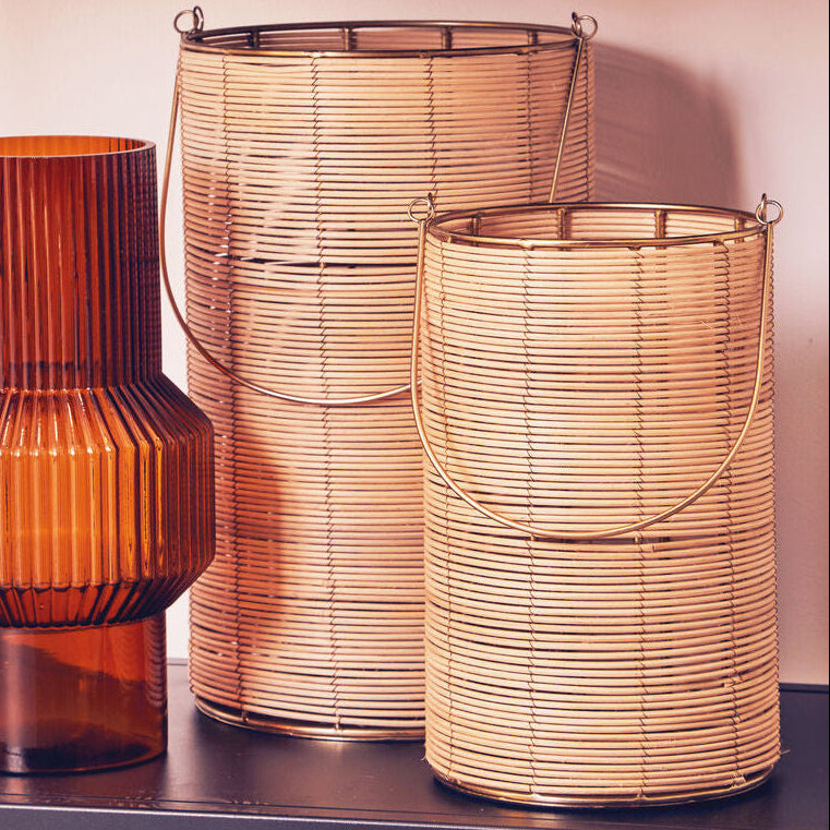 Orsina Malacca Large Hurricane Candle Holder | Rattan & Gold Lantern