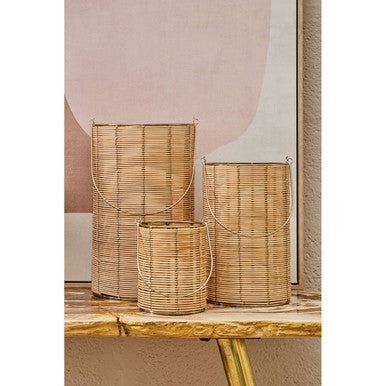 Orsina Malacca Large Hurricane Candle Holder | Rattan & Gold Lantern