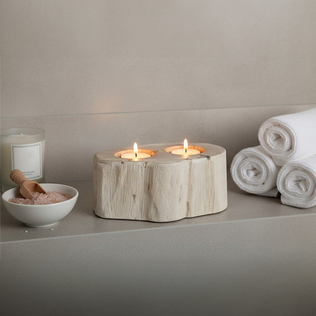 Orsina Petrified Wood Double Candle Holder – White Stone Pillar Stand