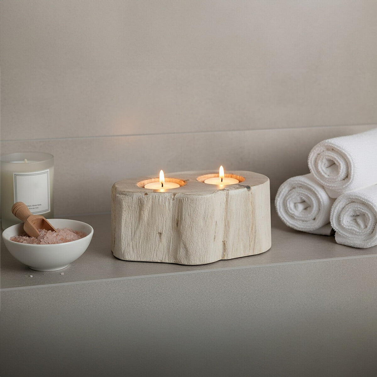 Orsina Petrified Wood Double Candle Holder – White Stone Pillar Stand