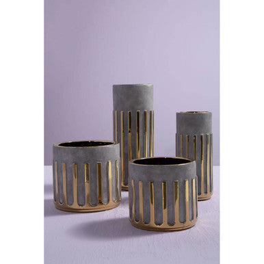 Orsina Harlie Small Ceramic Vase – Grey with Vertical Gold Accents
