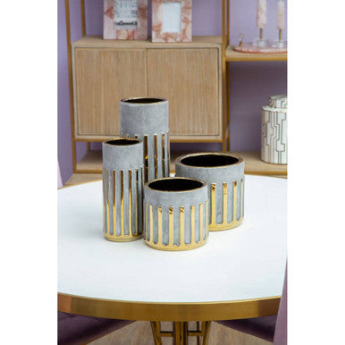 Orsina Harlie Small Ceramic Vase – Grey with Vertical Gold Accents