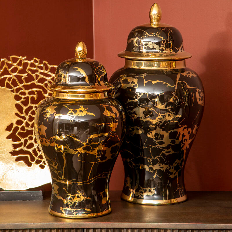 Orsina Marmo Large Ceramic Jar – Black and Gold Marble Effect