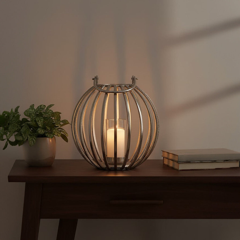 Orsina Aura Large Silver Lantern – Modern Textured Metal Candle Holder