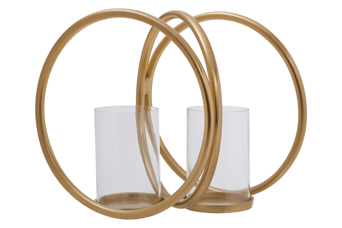 Orsina Aura Medium Gold Double Candle Holder – Textured Glass & Metal