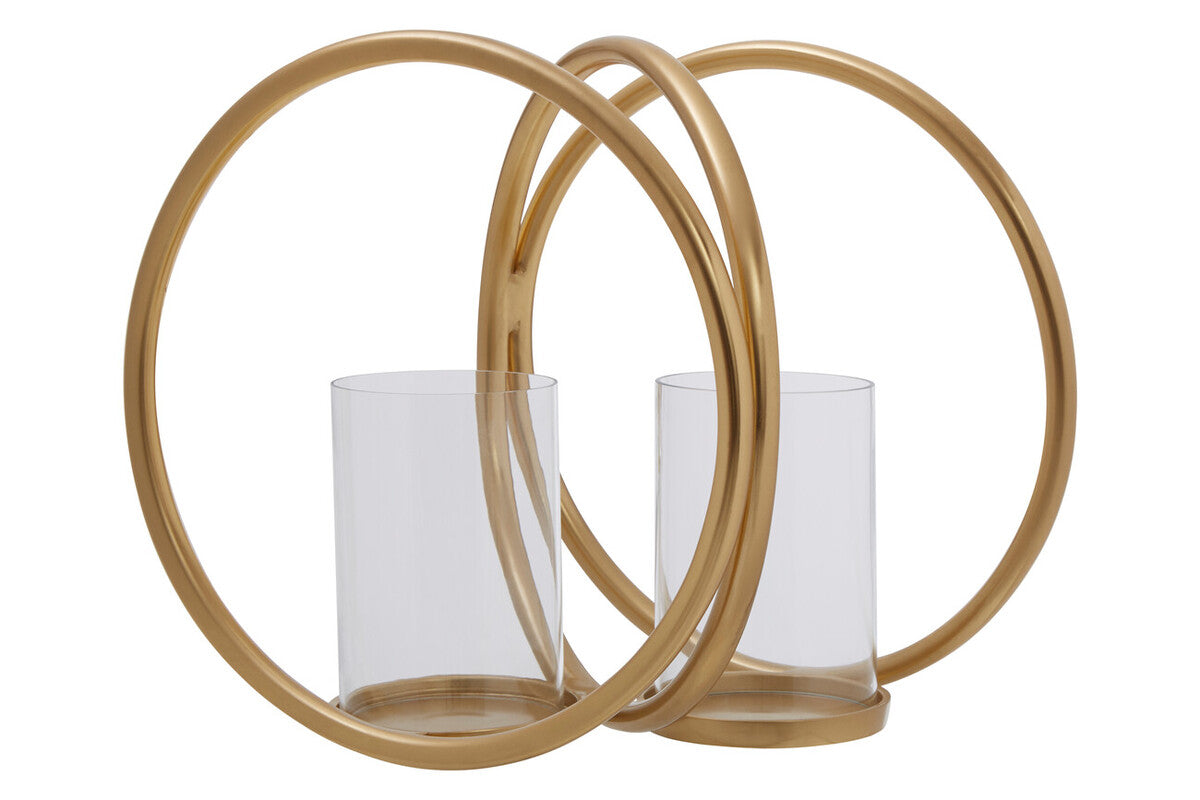 Orsina Aura Medium Gold Double Candle Holder – Textured Glass & Metal