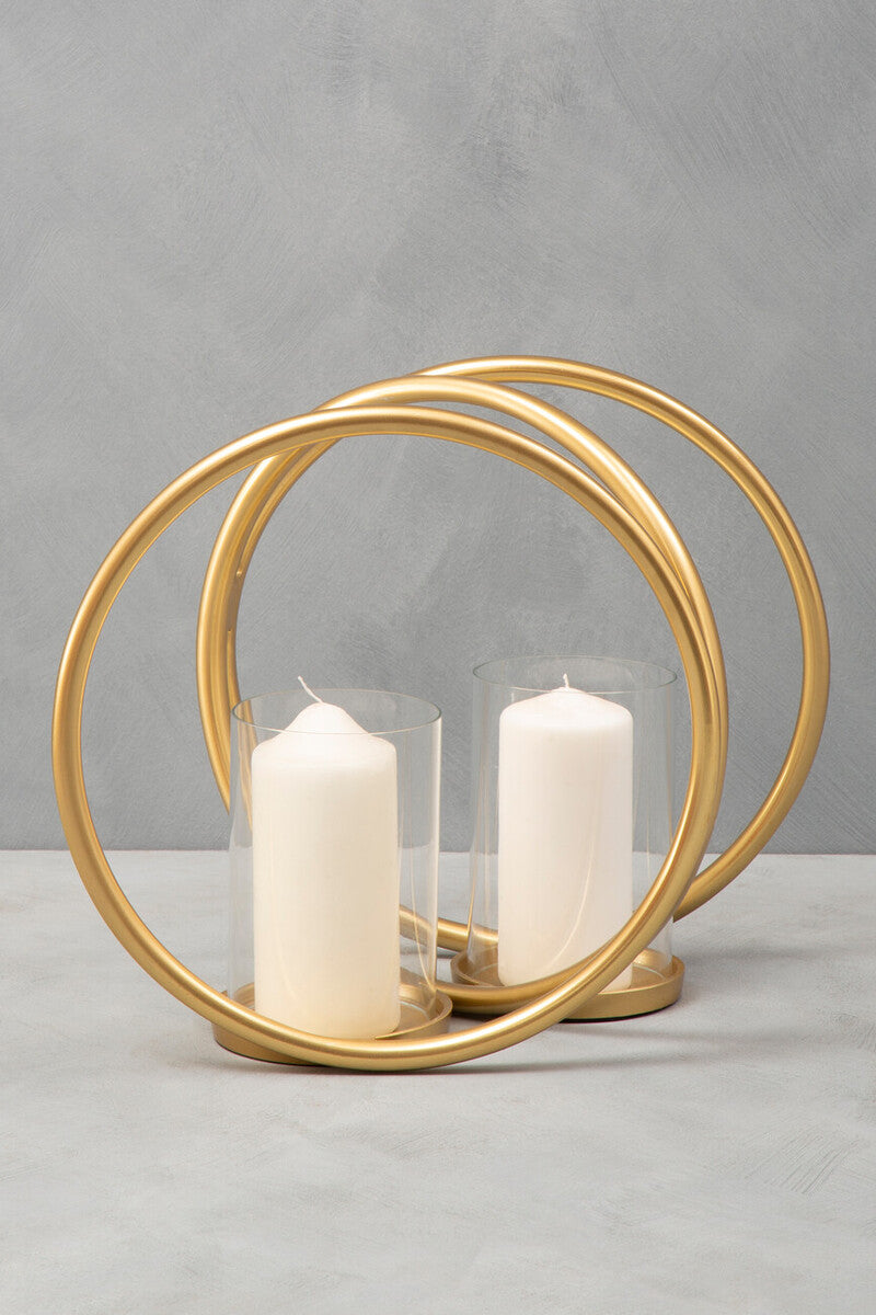 Orsina Aura Medium Gold Double Candle Holder – Textured Glass & Metal