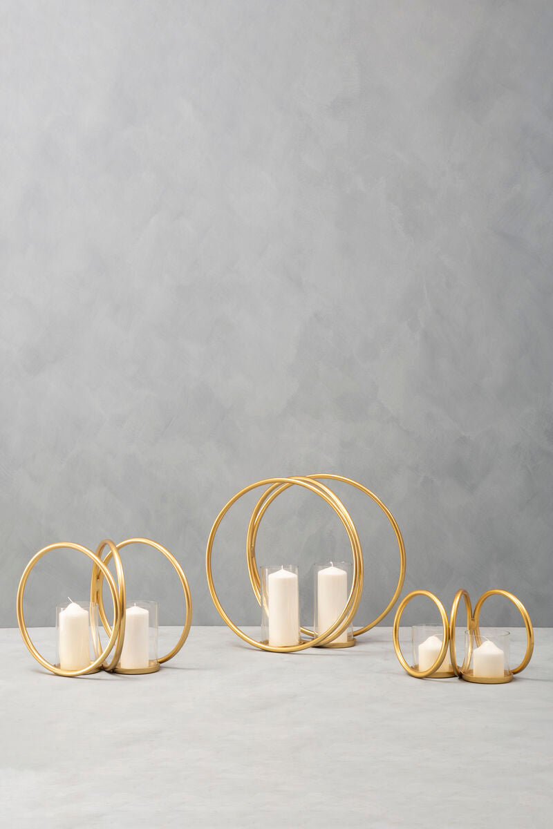 Orsina Aura Medium Gold Double Candle Holder – Textured Glass & Metal