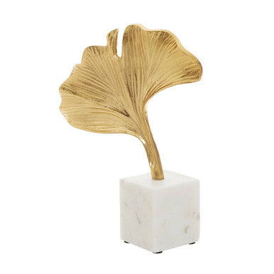 Orsina Mirano Gold Ginkgo Leaf Sculpture with White Marble Base