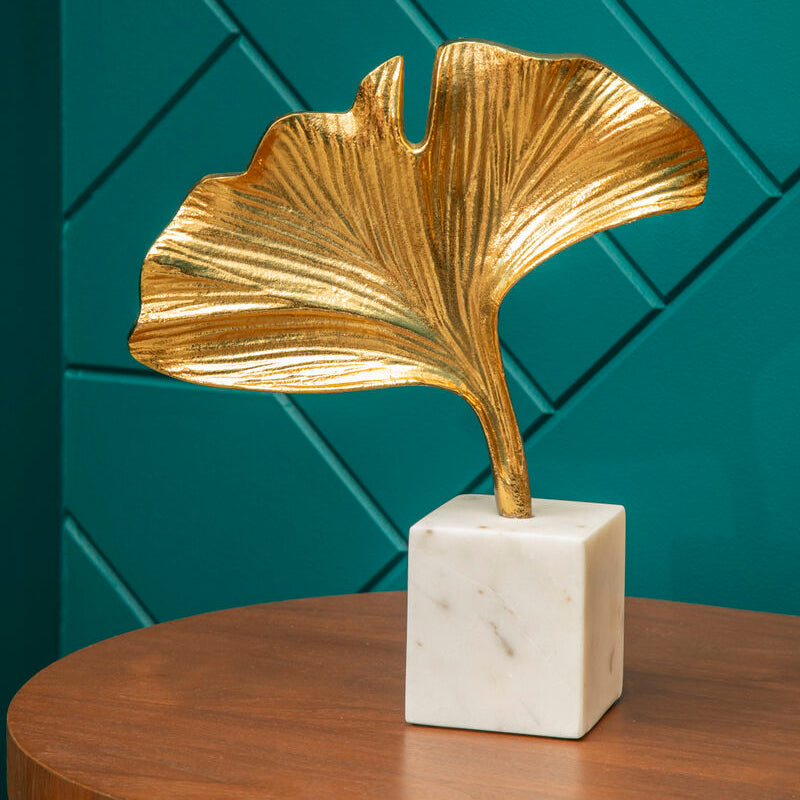 Orsina Mirano Gold Ginkgo Leaf Sculpture with White Marble Base