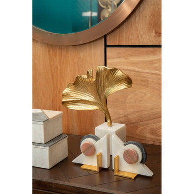 Orsina Mirano Gold Ginkgo Leaf Sculpture with White Marble Base