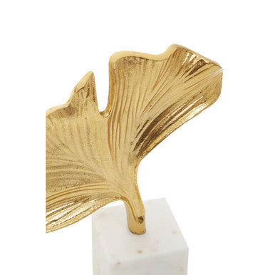 Orsina Mirano Gold Ginkgo Leaf Sculpture with White Marble Base
