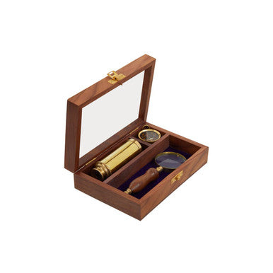Orsina Churchill Nautical Set – Gold & Wood Compass, Telescope & Glass