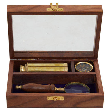 Orsina Churchill Nautical Set – Gold & Wood Compass, Telescope & Glass