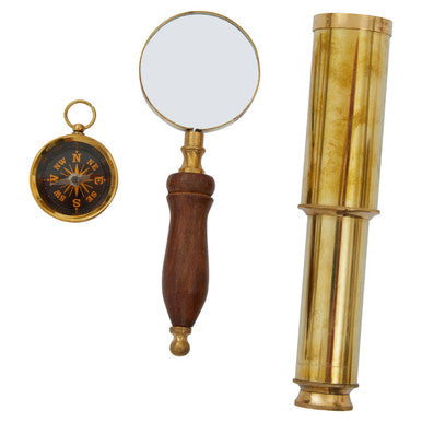 Orsina Churchill Nautical Set – Gold & Wood Compass, Telescope & Glass
