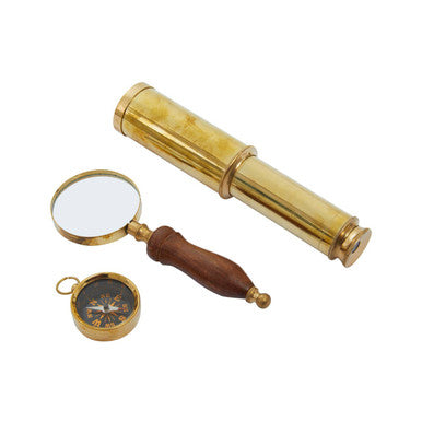 Orsina Churchill Nautical Set – Gold & Wood Compass, Telescope & Glass