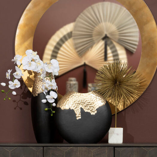 Orsina Daito Large Round Vase – Black and Gold Sculptural Centerpiece