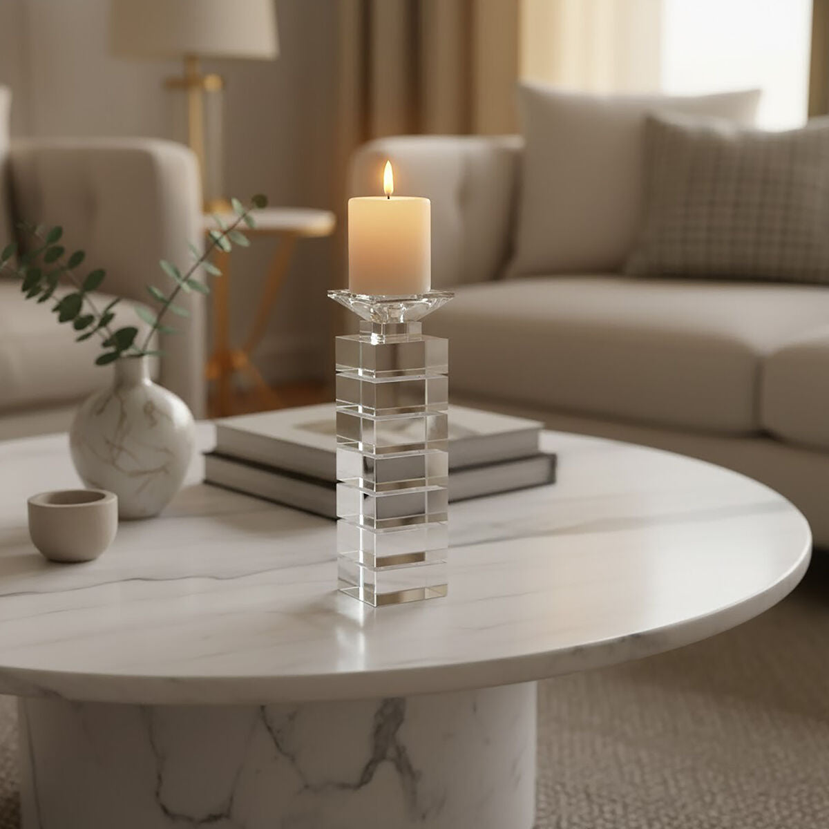 Orsina Carrie Large Glass Candle Holder – Clear Geometric Centerpiece